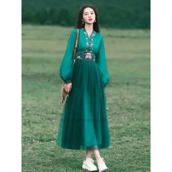2022 čínskej tradičnej hanfu národnej šifón víla šaty kvetinové výšivky ľudové tanečné šaty elegantné fáze performence nosenie
